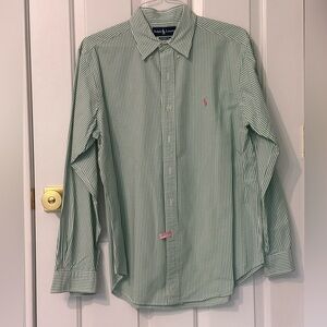 Ralph Lauren Men's Green Striped Button Down Shirt Searsucker